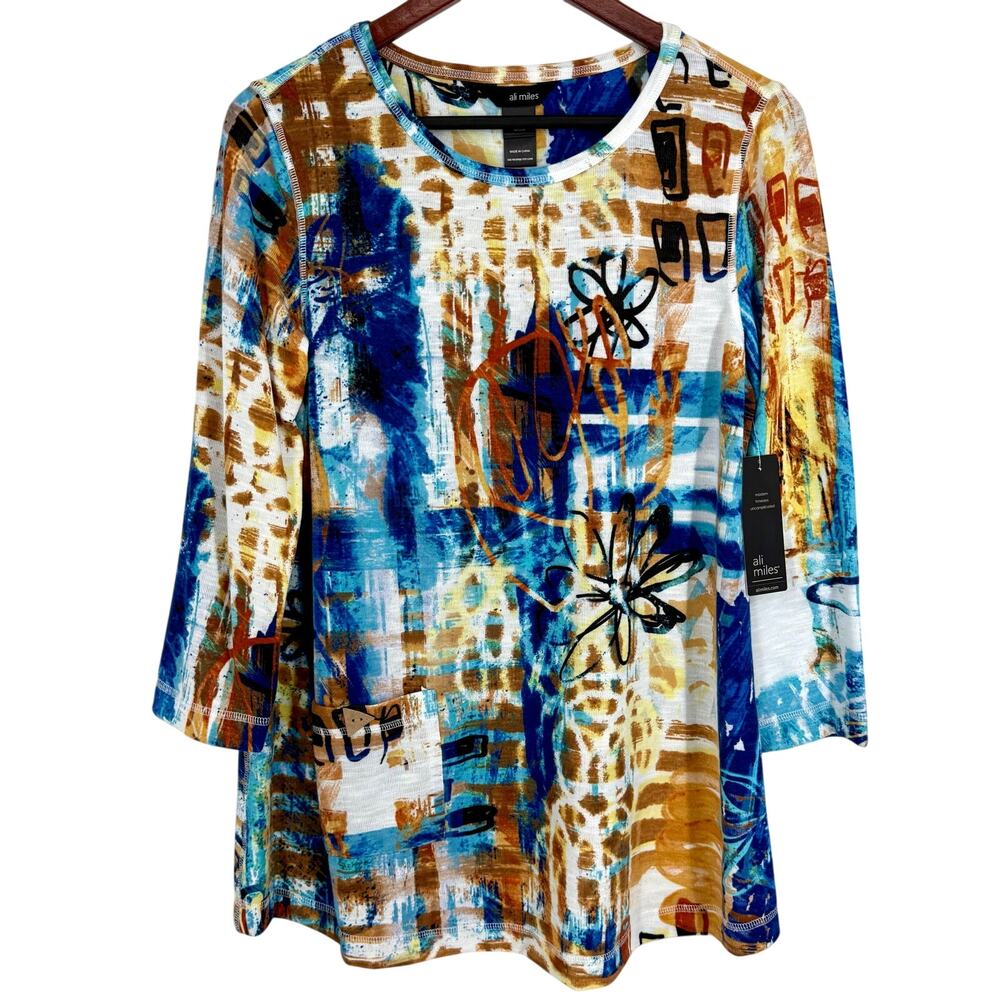 NEW NWT Ali Miles Sz Small Wearable Art to Wear Knit Blue Blouse Shirt toP aRTSY
